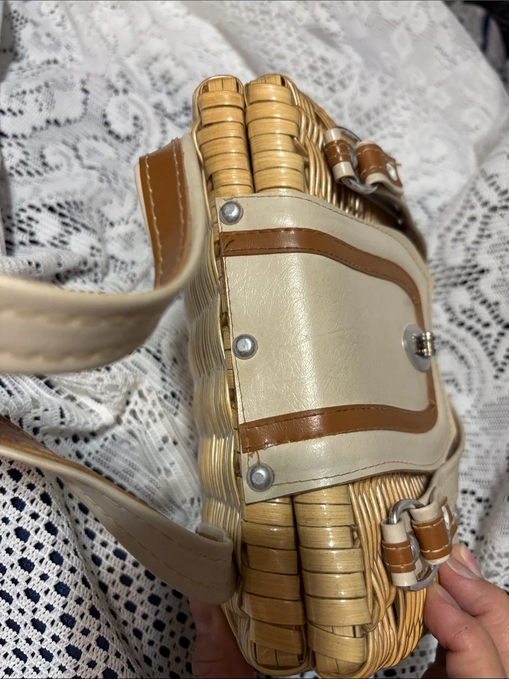 Woven Rattan Handbag with Cream & Tan Accents